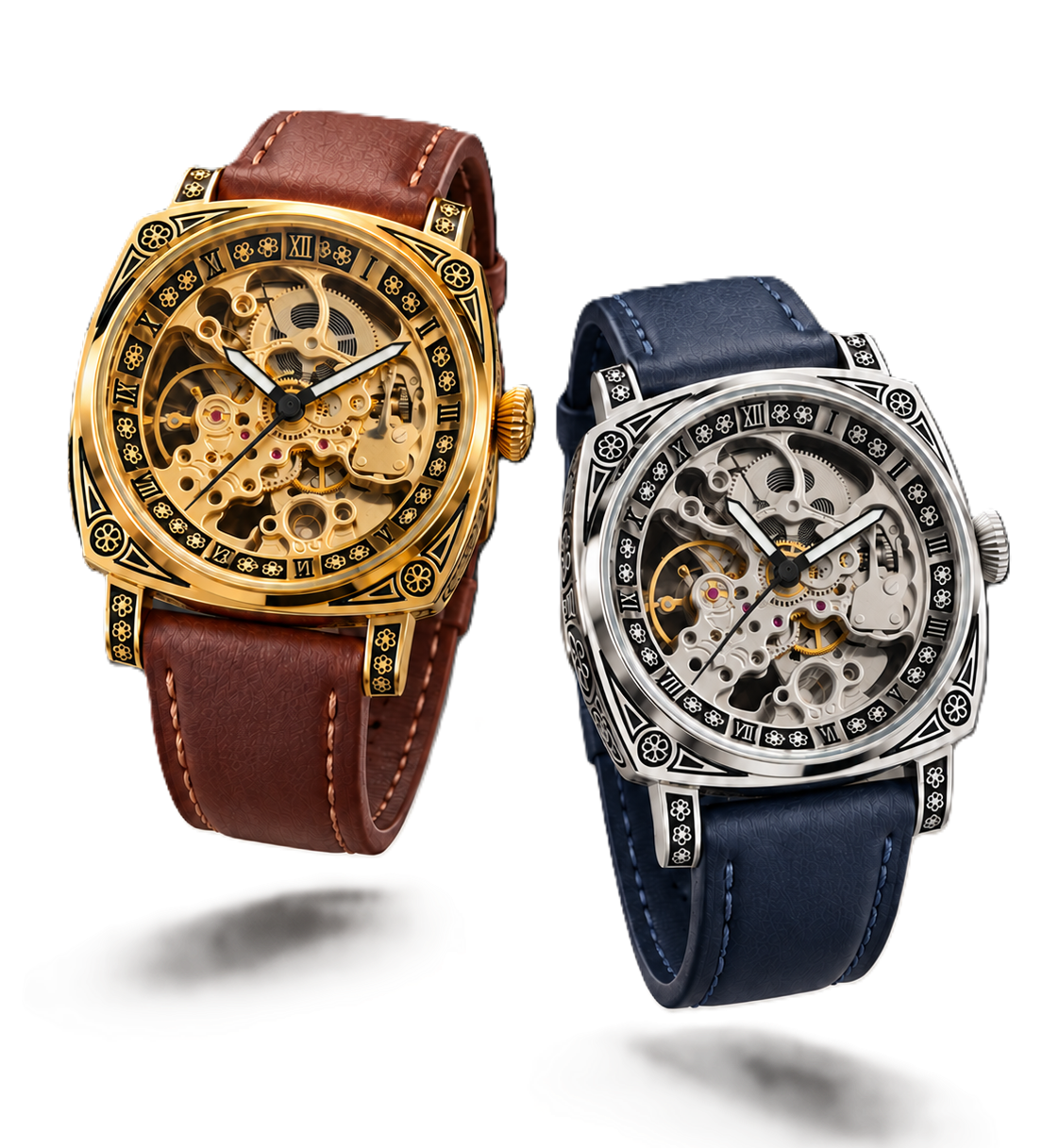 Gold and silver skeleton watches at 10:10